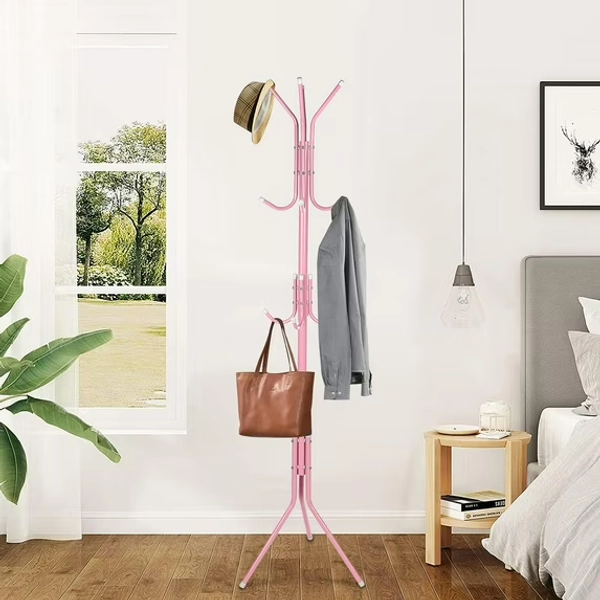 68.9x17.7in Metal Coat Rack Assembled Living Room Floor Hat Clothing Display Stand Home Furniture Multi Hooks Hanging Clothes, Pink
