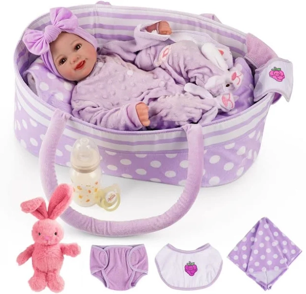 Lifelike Reborn Baby Dolls With Bassinet, 17 Inch Soft Body Realistic