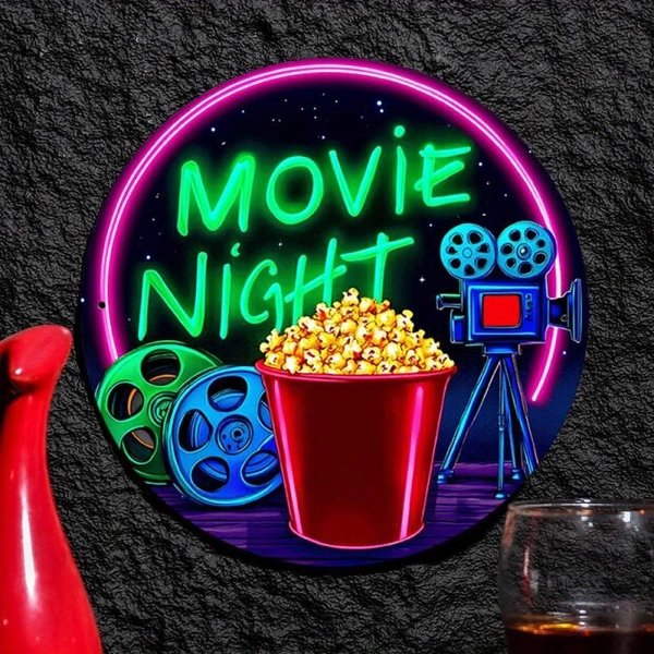 2D Flat - Vintage Neon Movie Night Sign with Retro Film Projector and Popcorn | 2D Flat, Iron Material, Wall Hanging, Classic Industrial Style, Perfect for Room Decor