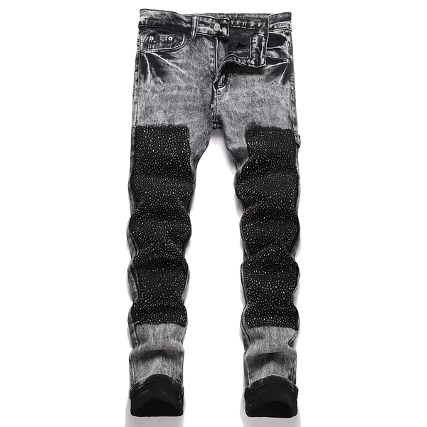 Men Crystal Patch Denim Jeans Streetwear Slim Straight Pants Gray Black Stretch Cotton Trousers - AliExpress 200000343