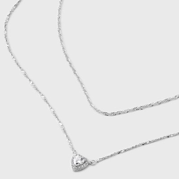 Silver Plated Halo Heart Cubic Zirconia Multi-Strand Necklace - A New Day™: Brass, Nickel-Free, 21" Length