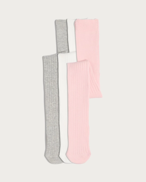 F&F Girls 3-Pack Cotton Blend Ribbed Tights in Multi
