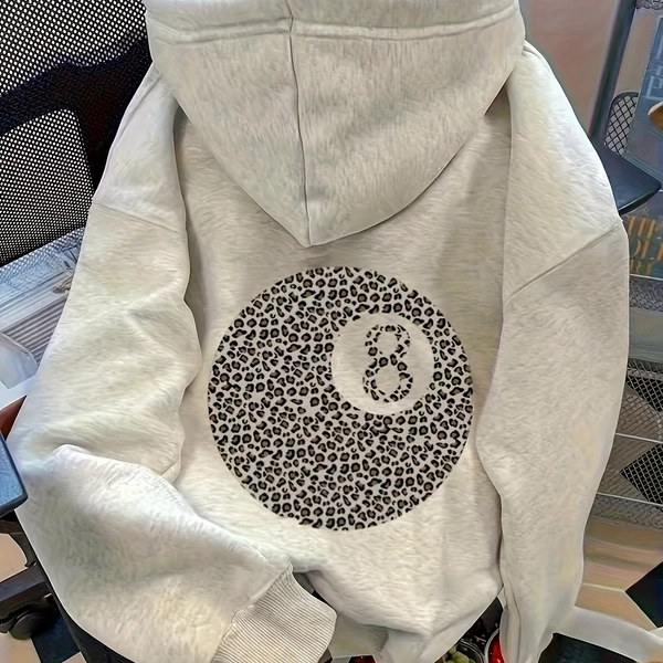 [Winter Warm Pullover] Women's White Hooded Sweatshirt with Black & White Leopard Print Billiard 8 Ball Design - Winter Warm Pullover Sweater, Machine Washable Casual Sporty Sweater for Pool Parties & Casual Attire, Long Sleeve Regular Fit with Drawstring Hood and Front Pocket, Stylish Women's Fashion for Back-to- or Teacher Outfits, Sweatshirts for Women