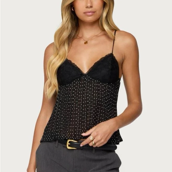 Edikted Rhian Lacey Pleated Babydoll Top - BLACK - LRG