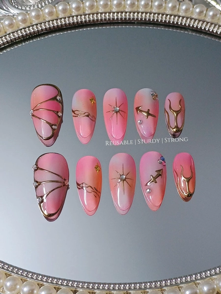 Pink Ombré Astrology Press On Nails | Aesthetic Nails | Butterfly Nails | Reusable Gel Nails | Nail Art | Gift for Her | Birthday Gift