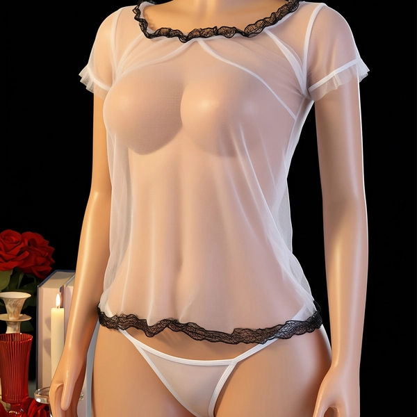 Women's Sexy Sheer Mesh Lingerie Chemise, Off Shoulder Short Sleeve Lace Trim Night Dress with Matching Thong for Romantic Nights Intimate Moments(One Size Fits 88-132lbs)