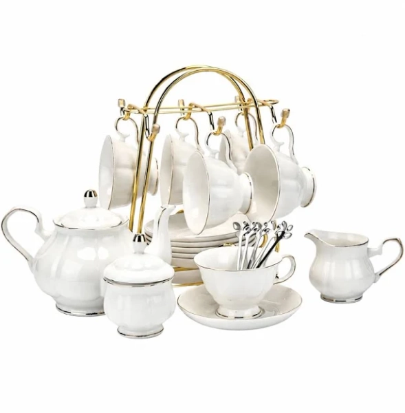 Aoibox 22 Piece Porcelain Ceramic Tea Set with Teapot Sugar Bowl Creamer Cups Saucers and Teaspoons White Stainless Steel one_size | LAB6M1S3