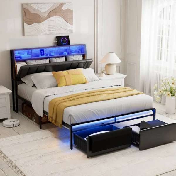 Orren Ellis Bed Frame with Storage & Charging Station