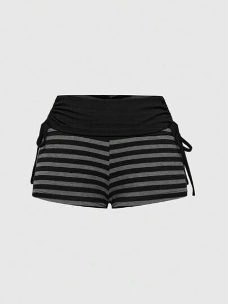 ROMWE Punk Style Vintage Music Festival Striped Contrast Color Drawstring Super Short Women Shorts