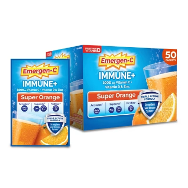 Emergen-C Immune+ Powder Drink Mix with Vitamin C - Super Orange - 50ct: Certified Gluten-Free, 1000mg per Serving
