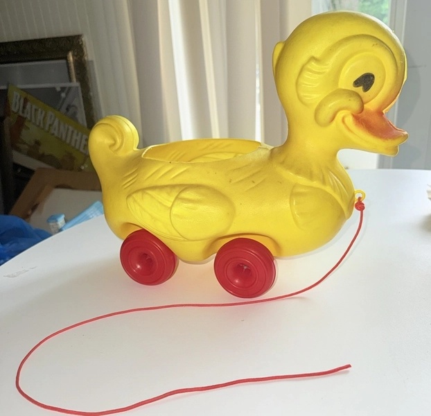 Vintage Blow Mold Yellow Duck On Red Wheels Easter Basket Kitsch Display Nursery