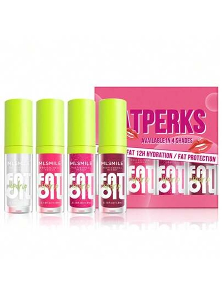 4 Colors Lip Oil Lip Glaze,Fat Lip Oil Drip,Big Brush Head Hydrating Lip Glow Oil,Shiny Transparent Lip Gloss Plumping