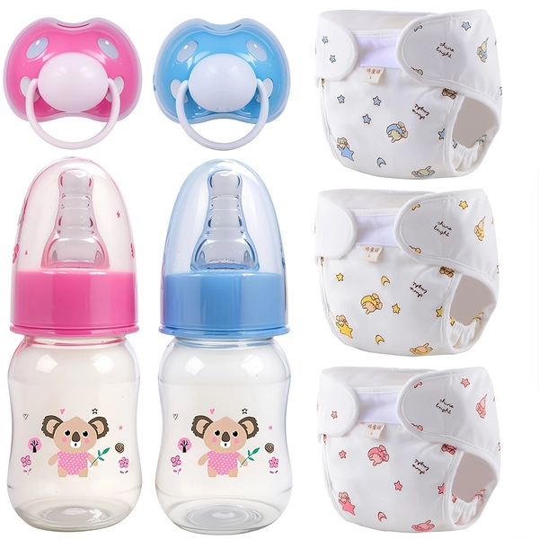 Doll Feeding Toy Set, including nappy, bottle and teat, with lifelike design. Suitable for reborn dolls and newborn dolls. The perfect festive gift (Random Pattern Color, Excluding Dolls).