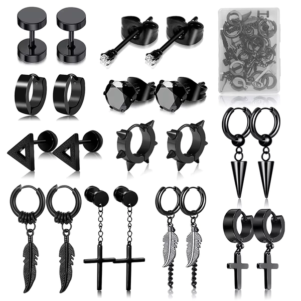 1 /11 Pairs Punk Stainless Steel Stud Earrings Black Earrings Set For Men Women Vintage Hip Hop Piercing Ear Jewelry Accessories - AliExpress 