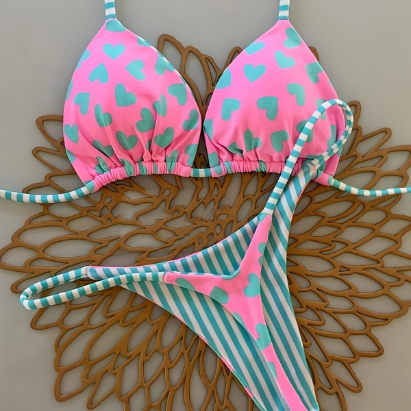 Pink Love Heart Color Block Bikini Halter Neck Tie-Back Triangle Cup Swimsuit Summer Sweet Style Swimwear Set