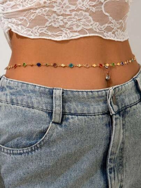 1 Piece Zinc Alloy Golden Silver Body Chain Bohemian Style Colored Imitation Crystal Body Chain Suitable For Ladies Party Dating Gift