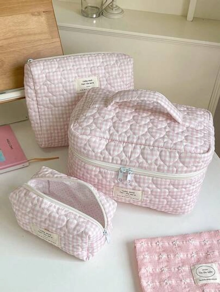 1pc/Set Plaid Pattern Cute Makeup Bag Set, Portable Travel Makeup Bag, Cosmetic Storage Bag, Jewelry Storage Bag, Multi-Functional Storage Bag, Women's Clutch With Zipper Closure, Can Store Cosmetics, Brushes, Skincare Products, Phone, Coins, Small Items, Makeup Bag, Skincare Bag, Home Decor, Bridesmaid Gift, Mom Gift, Birthday Gift, Teacher Gift, Gift For Friends, Back To School Gift, Travel Essential, Cruise Essential, Dorm Essential - Size M