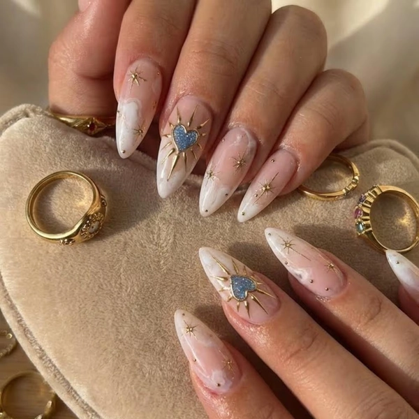 Handmade Blue Heart Press On Nails, Ombre Celestial False Nail Set