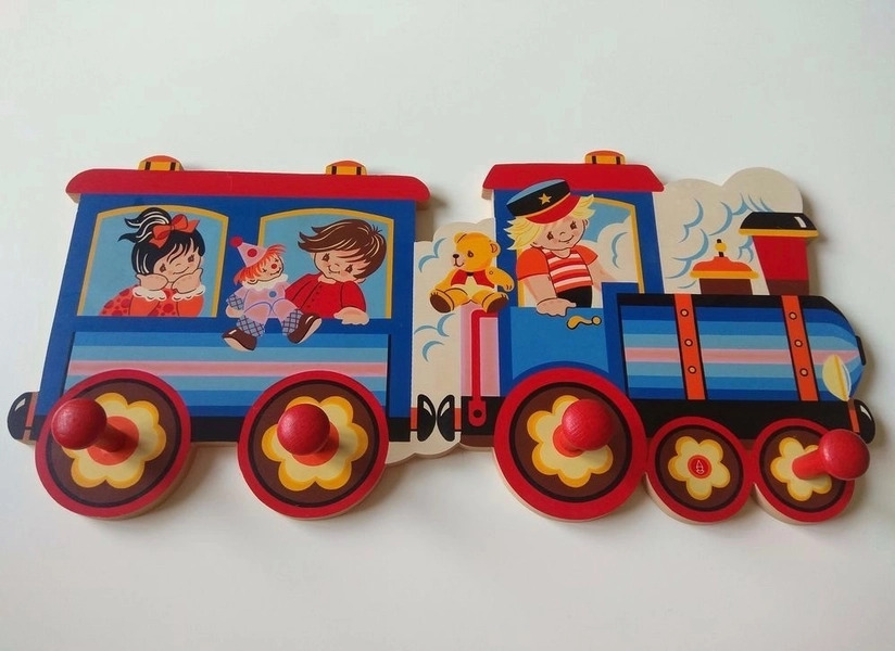 Vintage Kids Coat Rack Nursery Decor "Railroad" Mertens Kunst Art Wood #25450