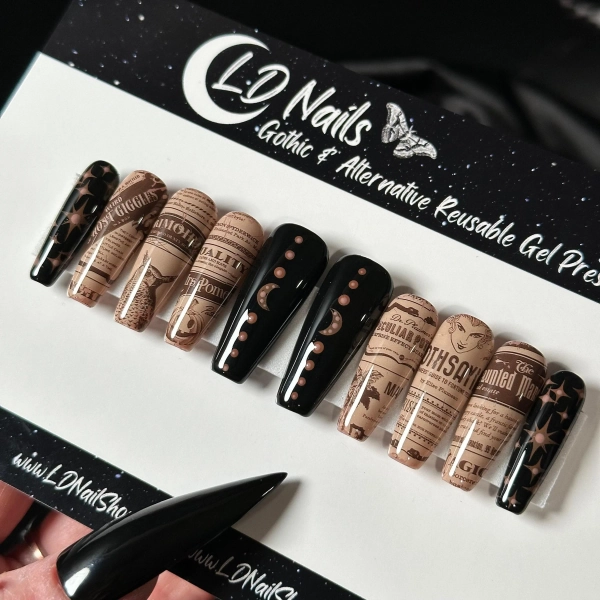 Witchy Newspaper Press On Nails: Goth Halloween Reusable False Nails