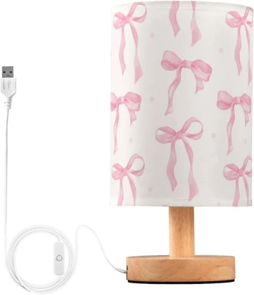 Pink Bow Bedside Table Lamp with Wood Base