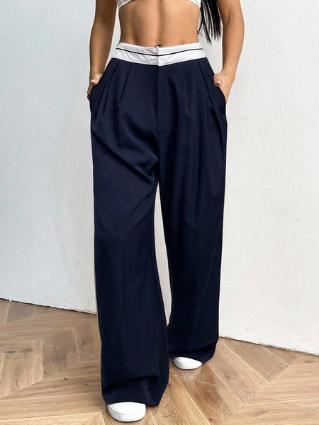 SHEIN EZwear Calça Casual Feminina de Perna Larga com Bolso Contrastante Azul Marinho para Outono/Inverno