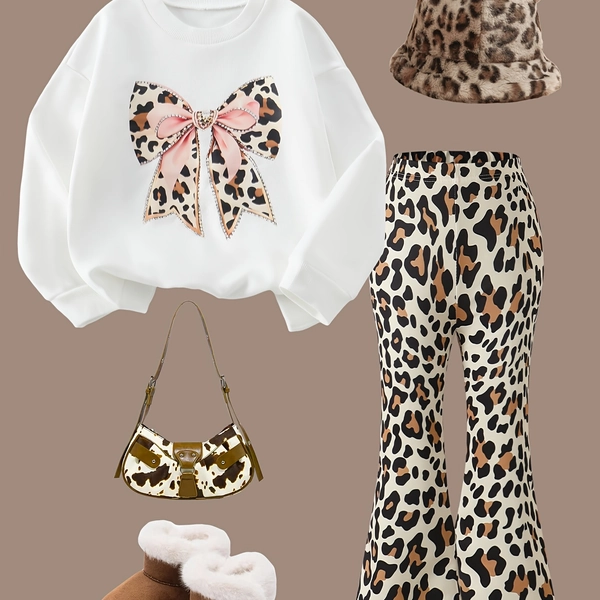 [Y2K Leopard Set] 2pcs Y2K Fashion Set | Girls' Leopard Print Bow Placement Round Neck Long Sleeve Sweatshirt + Flared Pants Two-Piece Set, Perfect for Outdoor