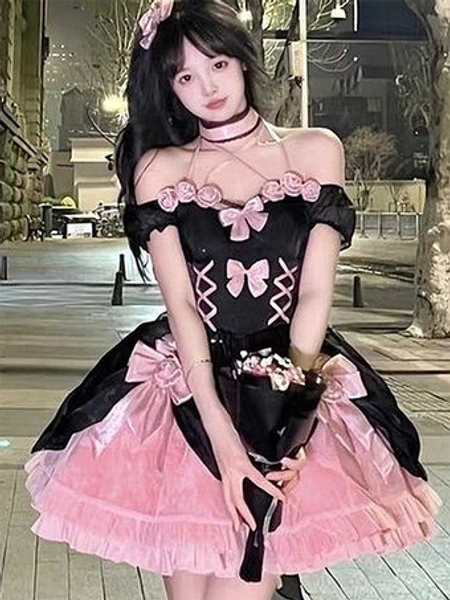 Elegant Gothic Lolita Dresses Lace Up Bows Color Black Pink Bittersweet Lolita JSK