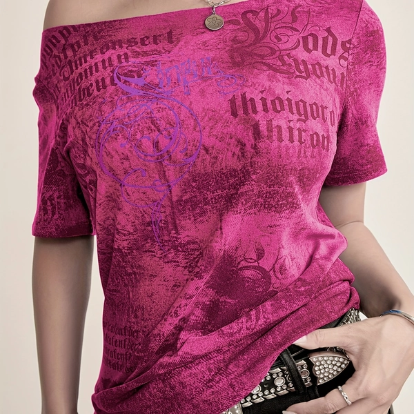 Cyber Y2K Women'S Trendy Streetwear with Gothic Style, Featuring Printed Patterns, Short Sleeves, Unique Off-Shoulder Design, And Lightweight T-Shirt