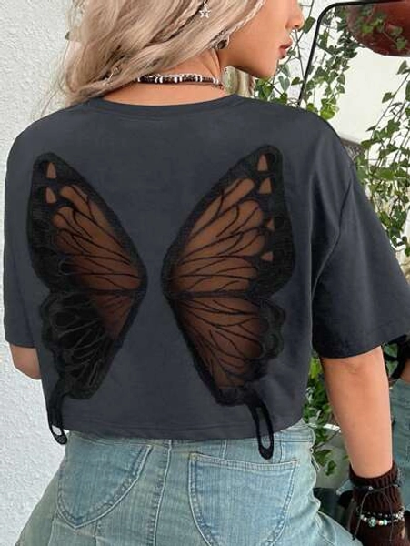 Fairycore Oversize Women's Summer Vacation Hippie Style Butterfly Net Mesh Splice Drop Shoulder T-Shirt, Plus Size