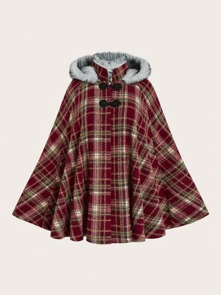 SHEIN Sweetro Plus Size Women's Casual Versatile Plaid Poncho Scarf, Autumn/Winter