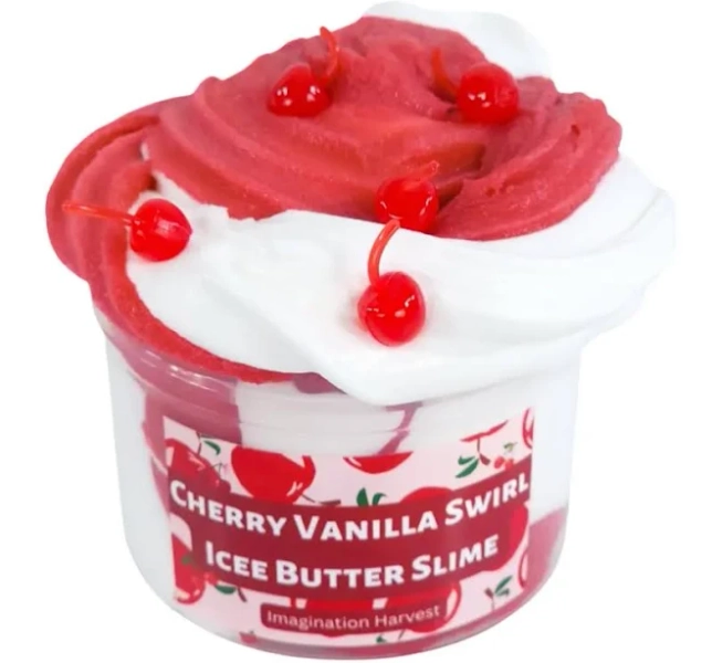 Cherry Vanilla Swirl - Icee Butter Slime Swirl - Scented Slime with Cherry Charms - Imagination Harvest Slime Shop