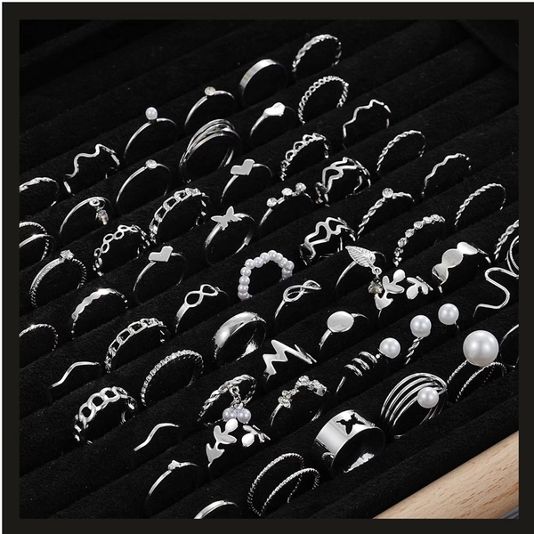 64 Pcs Random Ultimate Bundle Silver Rings Set Heart, Cross, Leaf & Pearl Charms Boho Stackable Finger Rings for Women, Party Jewelry