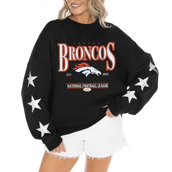 Women's Denver Broncos Gameday Couture Black Rhinestone Star Sleeve Settle the Score Oversized Tri-Blend Pullover