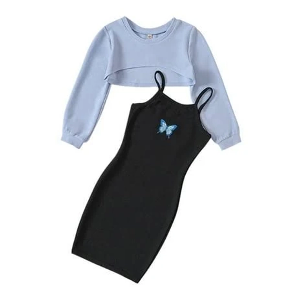 Girl's Butterfly Print Long Sleeve Cami Dress Set