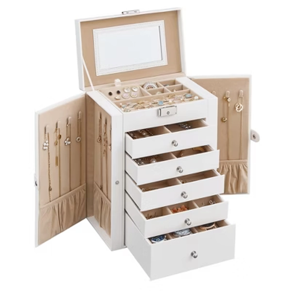 SONGMICS Large Accessory Organizer 6-Tier White Mirror Jewelry Box