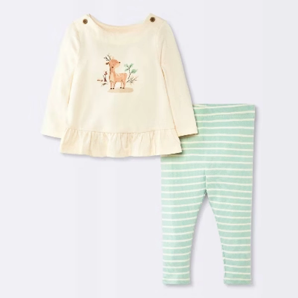 Baby Girls' 2pc Deer Ruffle Long Sleeve T-Shirt and Striped Leggings Set - Cloud Island™ Mint Green/Cream 6-9M