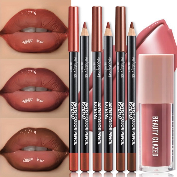 4pcs Waterproof Lip Gloss & Lip Liner Set - Long-Lasting Hydrating Lip Pencils with 4 Shades ( Nude, Brown, Coral, Red) | 3D Precision Tip for Lip Liner & Gloss, Glossy/ Matte, All Beige Types, Sensitive Lips Makeup Kit