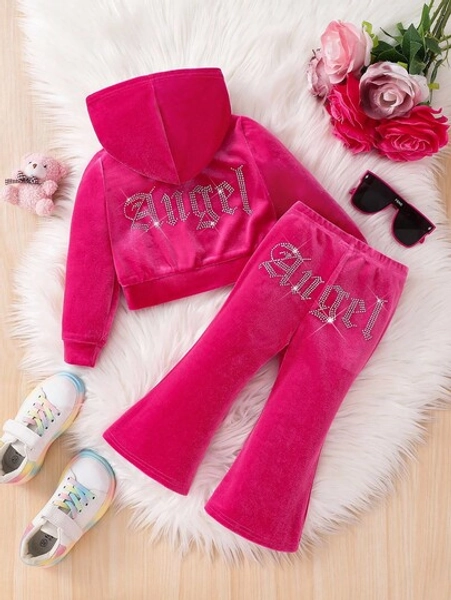 SHEIN Fashionable And Cute Baby Girl 2Pcs Sets Rhinestone Letter Pattern Velvet Hoodie & Flare Pants ,Sweatpants, Outfits,Cute & Casual & Vintage,Great For Casual & Daily Wear & School Daily In Summer & Autumn,For Christmas Fall Winter