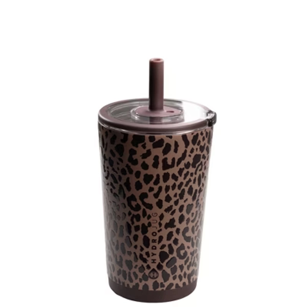 HydroJug Everyday Tumbler – Ceramic-Lined Insulated Tumbler with Straw and Soft-Touch Lid, Cup Holder Friendly – 14 oz, Brown Leopard
