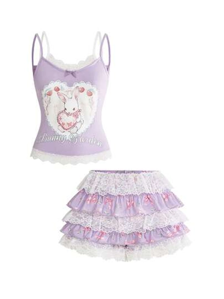 ROMWE Kawaii Women's Cute Rabbit Bow Print 2 In 1 Set - Size L