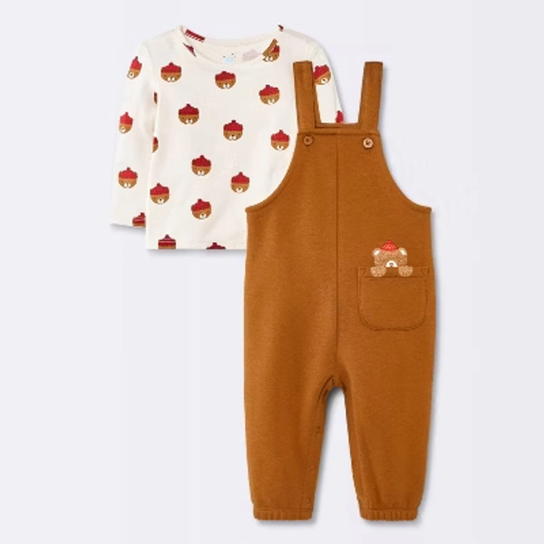 Baby Boys' 2pc Long Sleeve Bear T-Shirt and Overalls with Pocket Set - Cloud Island™ Brown/White 6-9M