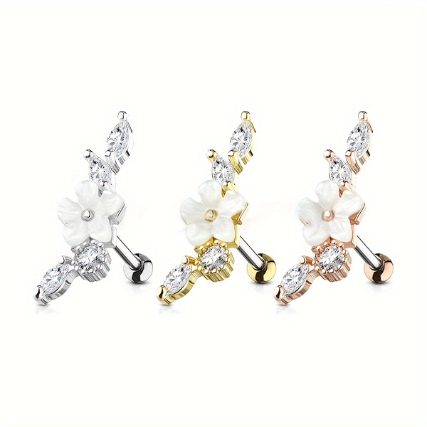 One Pack of Fashionable Shell Flower Pierced Earrings, Bone Studs, Cochlear Studs, Flower Style 316 Stainless Steel Long Bar Earrings, Ear Piercing Jewelry, Date Gift, Daily Party