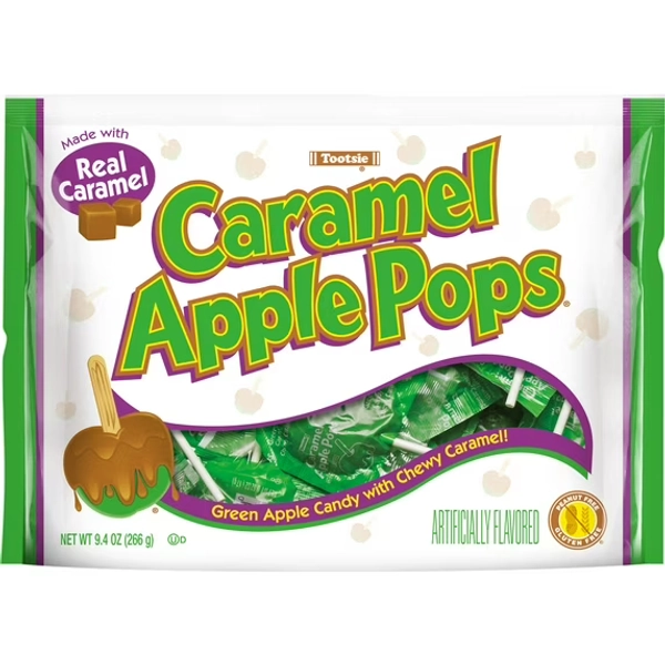 Tootsie Caramel Apple Pops, 9.4 oz. Gluten Free, Peanut Free. Contains Milk and Soy.