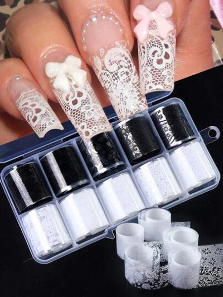10 Rolls/Box White Black Lace Nail Art Foils Set Nail Transfer Sticker Paper DIY Manicure Nail Decoration Accessories