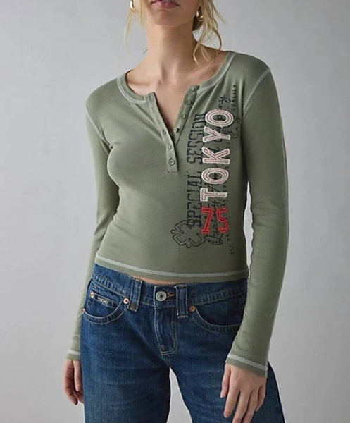 Urban Outfitters Women's Cotton Henley Tee with Applique Graphic