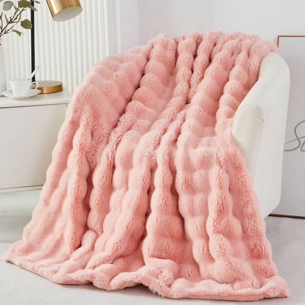 URBONUR Pink Faux Fur Throw Blanket for Couch Sofa, Fluffy Fuzzy Bubble Throw Blankets, Plush Thick Warm Soft Throw for Winter Fall 40×63 Inches