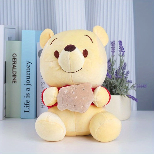MINISO Winnie the Pooh Plush Toy - Sitting Pose with Biscuit, Soft Polyester Stuffed Bear, Christmas Valentine's Thanksgiving Graduation Gift, Playful Design Home Decor, No Batteries Needed, Stuffed Plushies, Holiday Gift Item, Whimsical Decor, Durable Fabric Construction