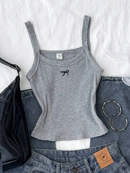 Teen Girl Grey Knitted Bow Embroidered Camisole Mini Sweet Casual Vest, Spring And Summer, Basic, Daily, Versatile, Back To School Season, Cotton