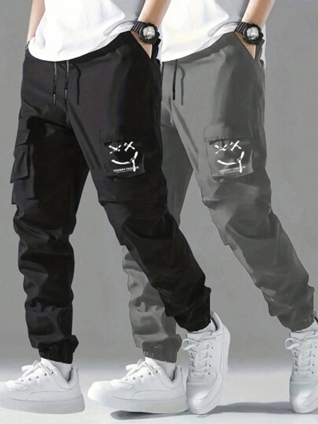 2pcs Tween Boys Drawstring Casual Cargo Pants, Spring/Summer/Fall, Relaxed Fit Utility Trousers, Smiling Face Paratrooper Design